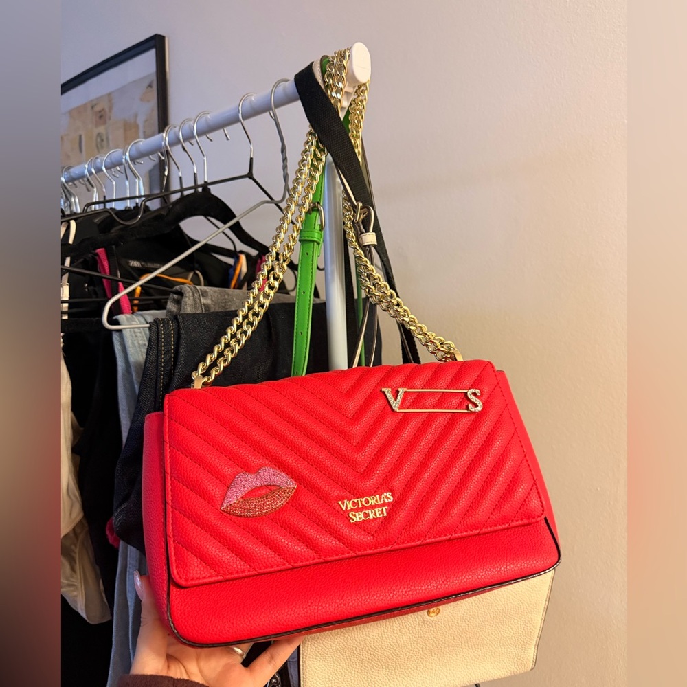 Victoria's Secret Red Quilted Shoulder Bag with Gold Chain
